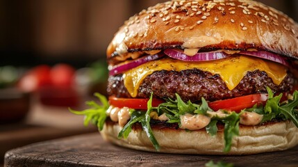 gourmet burger closeup juicy patty melted cheese fresh vegetables artisanal bun appetizing details warm lighting