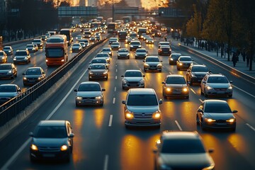 heavy traffic at sunrise, sunset, vehicles on the road, jam, freeway, rush hour