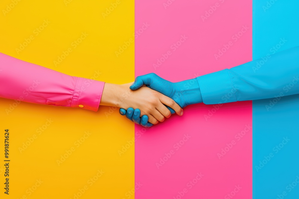 Poster colorful handshake between two people representing unity and collaboration.