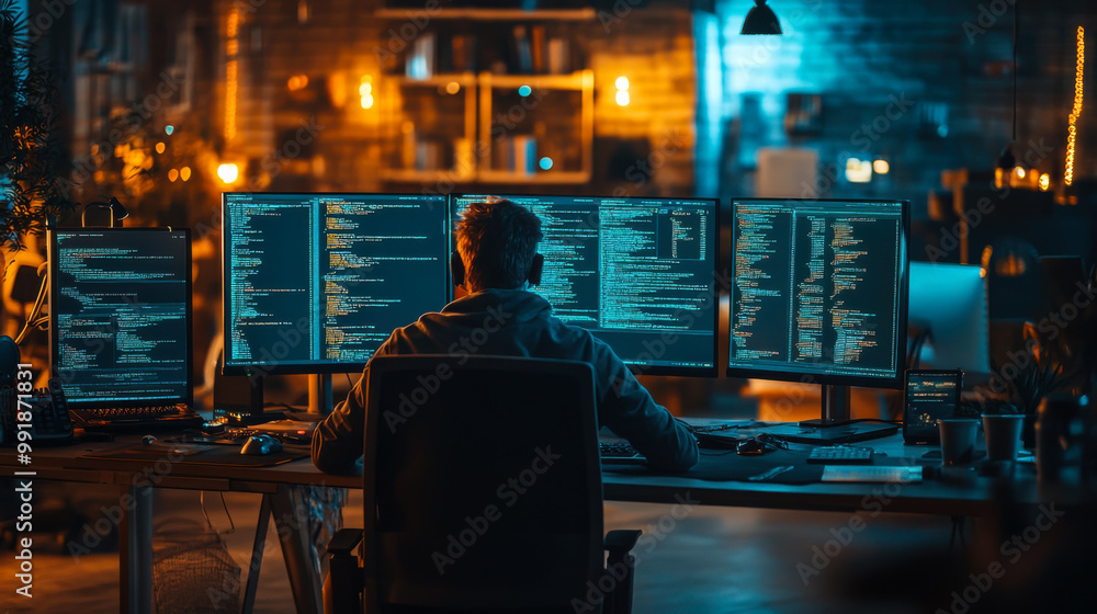 Poster a person coding on multiple screens in a dimly lit workspace adorned with warm string lights during 