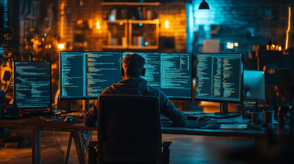 A person coding on multiple screens in a dimly lit workspace adorned with warm string lights during evening hours