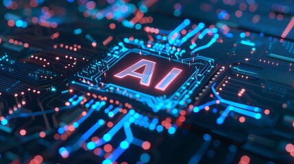 Obraz premium A blue background with a blue computer chip with the letters AI on it