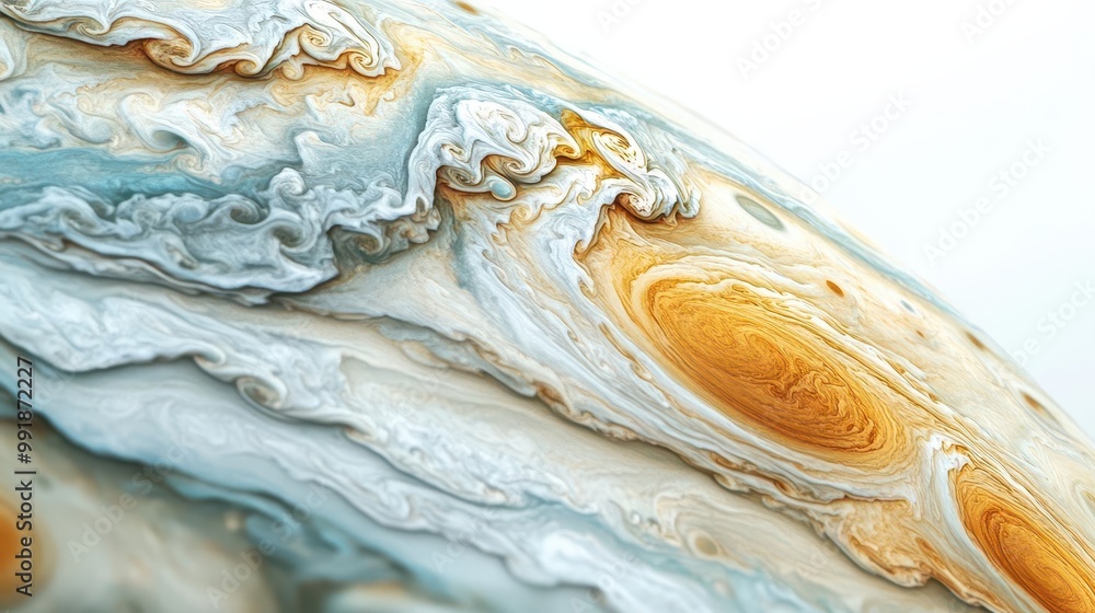 Poster hyperrealistic rendering of jupiter showcasing swirling storm patterns and vibrant bands of color cr