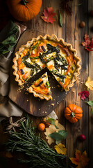 Naklejka premium Delicious Autumn Pumpkin Pie with Herbs