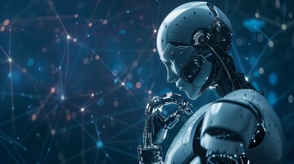 Robot against the background of glowing microcircuits