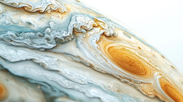 hyperrealistic rendering of jupiter showcasing swirling storm patterns and vibrant bands of color crisp details of the great red spot and turbulent atmosphere against a stark white background