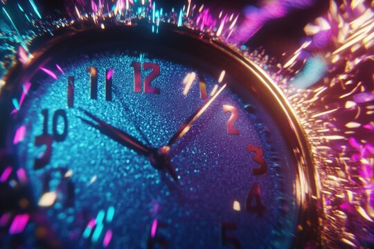 Sparkling clock with colorful glitter and neon explosion