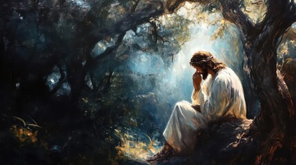 impressioniststyle oil painting of jesus praying in gethsemane rich earthy tones dramatic chiaroscuro and ethereal divine presence