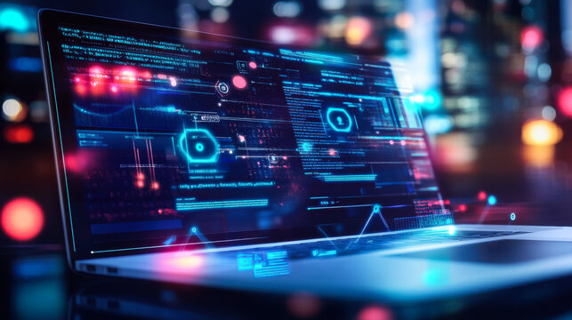 A laptop displaying complex digital data analytics in a vibrant urban environment at night showcasing technology and innovation