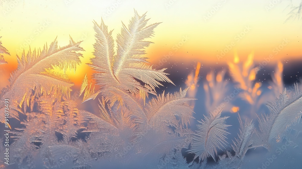 Poster intricate frost patterns on a window pane at dawn backlit by a pastel sky delicate ice crystals form