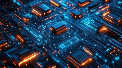 Obraz premium intricate electronic circuit board with glowing connections extreme closeup reveals complex patterns and components cool blue tones dominate creating tech aesthetic