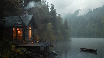 Fototapeta premium A cozy cabin with a light on sits on a lake in a misty forest.