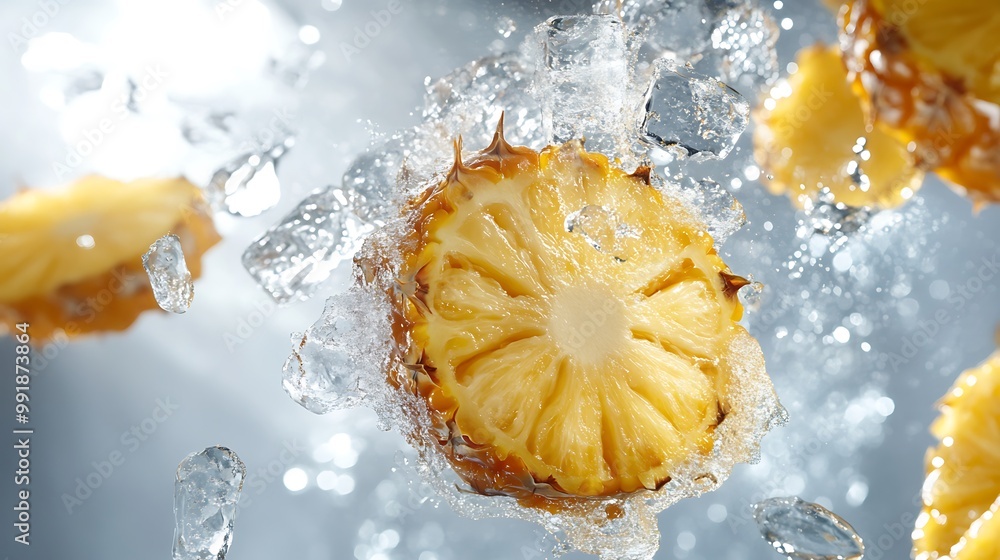 Poster pineapple slices splashing in water, creating a refreshing and dynamic composition.