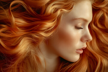 Naklejka premium A young woman relaxes with her eyes closed, highlighting her radiant skin and cascading orange hair. The gentle curves of her face evoke a sense of peace and calm