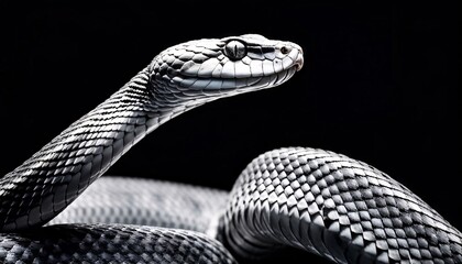 Fototapeta premium A black and white photorealism python isolated on a black background. copy space.