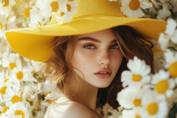 Portrait of a beautiful girl in a yellow hat on a background of flowers. Fashion woman cloth flyer design. Beauty, fashion. with generative ai