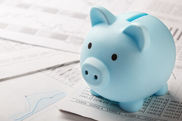 Moneybox for money on the background of documents and financial charts. Investment and capital accumulation concept