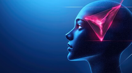 Obraz premium Futuristic profile of a digital head with neon accents on a blue background.