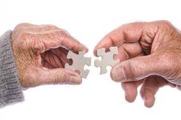 Elderly hands connecting puzzle pieces symbolizing unity and collaboration