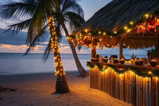 Palm trees wrapped in pink and purple Christmas lights along a beach at night, beachfront Tiki bar