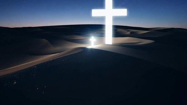 In the serene desert at dusk, a luminous cross stands prominently, illuminating the surrounding sand dunes and creating a mystical atmosphere as twilight descends