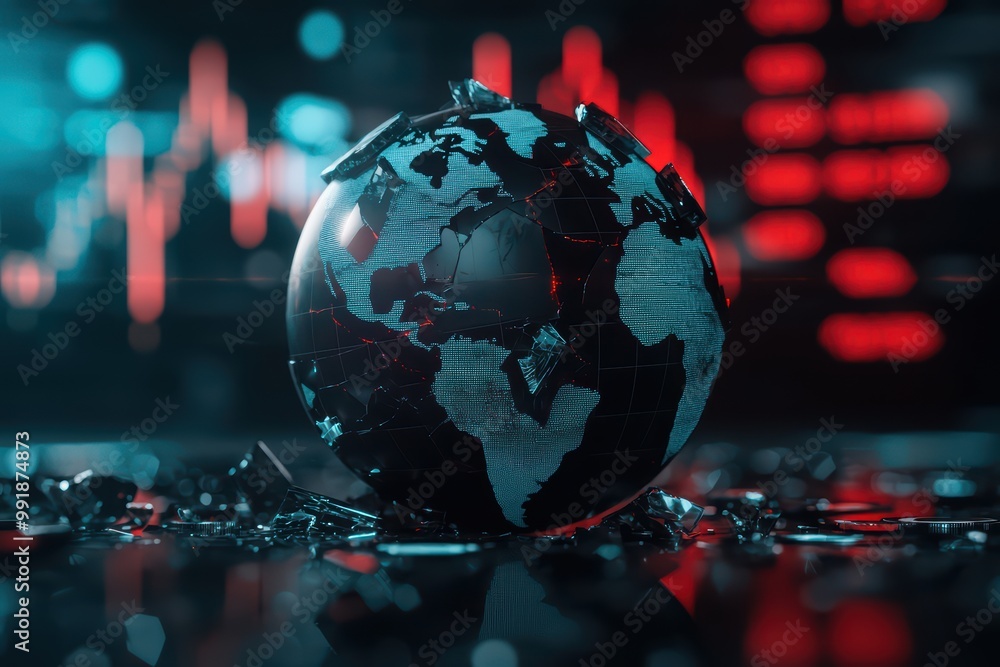 Poster globe with data visualization background, emphasizing global connectivity and analytics.