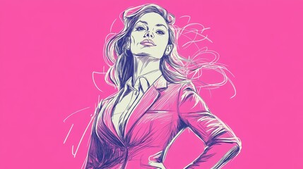 Fototapeta premium A powerful single-line pencil drawing of a confident businesswoman, symbolizing ambition, strength, leadership, success, and empowerment.