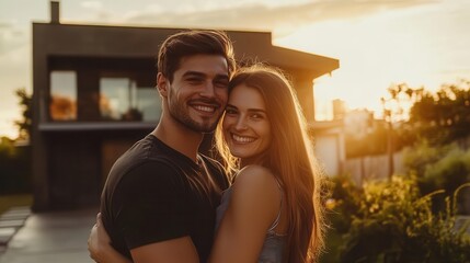 joyful young couple embracing in front of their new home warm golden hour lighting modern house architecture lush landscaping represents new beginnings and domestic happiness