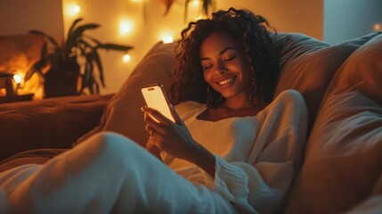 Fototapeta premium joyful young woman lounging on plush sofa engrossed in smartphone soft ambient lighting cozy home interior warm color palette