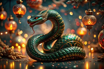 Fototapeta premium Chinese horoscope. Happy New Year 2025. The symbol of the year is a green snake on a background of red Chinese lanterns. A poster or banner for a party and New Year's Eve.