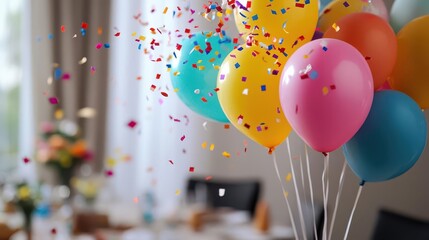 joyous birthday setup colorful balloon arrangement falling confetti party invitation design festive color palette celebratory atmosphere