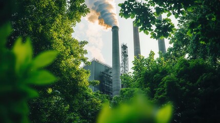 juxtaposition of towering industrial chimneys and lush green tree canopy environmental contrast hope vs pollution narrative
