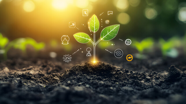 Young plant sprouting in soil, technology integration in agriculture, smart farming, digital innovation, sustainable agriculture, solutions, growth concept, modern farming, environmental 