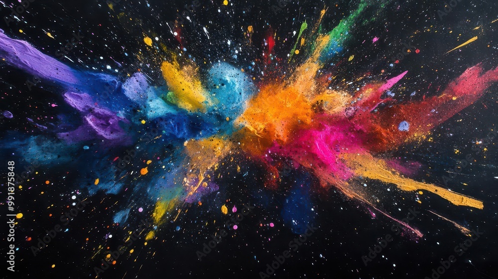 Poster kaleidoscopic explosion of vibrant paint splatters frozen in time creating abstract patterns and tex