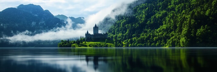 A majestic castle stands on a misty island surrounded by lush greenery and a tranquil lake, representing peace, isolation, history, and wonder.