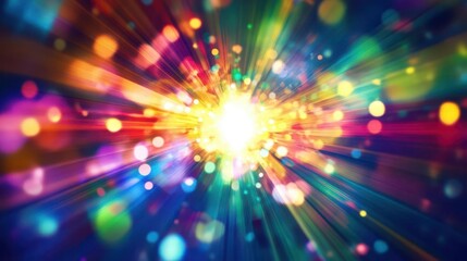 kaleidoscopic lens flare explosion vibrant rainbow hues blur and blend ethereal light rays pierce through darkness abstract background perfect for highenergy design concepts