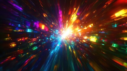 Obraz premium kaleidoscopic lens flare explosion vibrant rainbow hues blur and blend ethereal light rays pierce through darkness abstract background perfect for highenergy design concepts