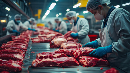 Workers processing meat in a busy processing facility during early morning hours with strict hygiene practices in place