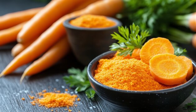 Fresh carrots and turmeric powder arranged on a wooden surface with green herbs nearby