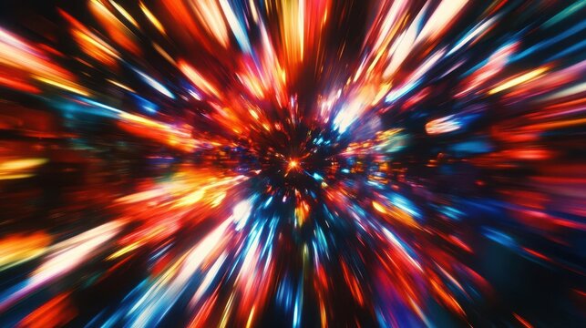 kaleidoscopic light rays in motion blurred prismatic colors creating abstract patterns defocused lens flare effect with rich reds blues and oranges on deep black canvas