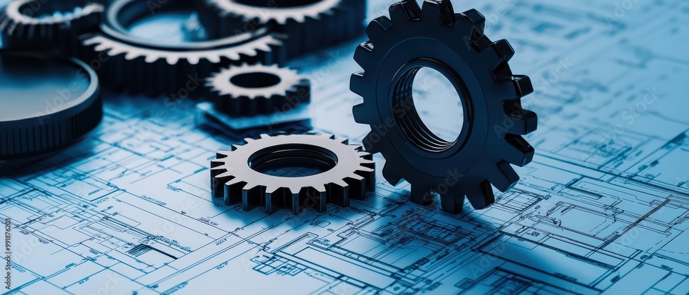 Poster mechanical gears on a blueprint background, symbolizing engineering and technology.