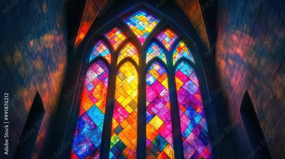 Poster kaleidoscopic stained glass window with intricate geometric patterns jewel tones creating a mesmeriz