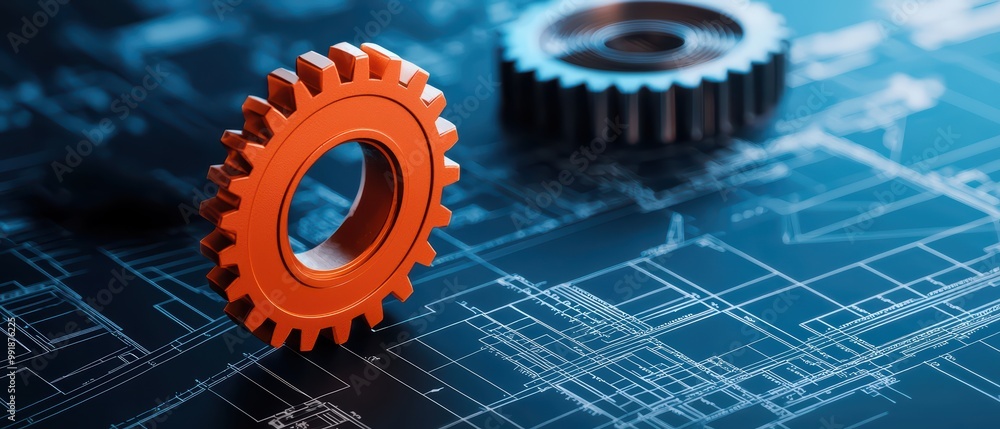 Poster mechanical gears on blueprint background, representing engineering and design concepts.