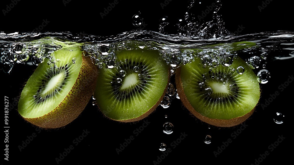 Poster three kiwi fruit slices submerged in water, creating splashes and bubbles against a black background