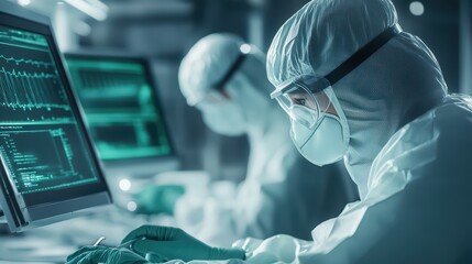 Fototapeta premium Medical researchers work in a high-tech laboratory, wearing protective gear and analyzing data on computer screens.