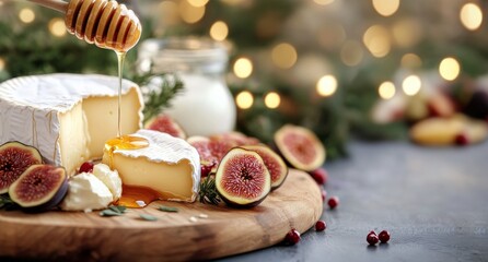 Festive cheese platter with figs, honey, and decorative greenery during the holiday season