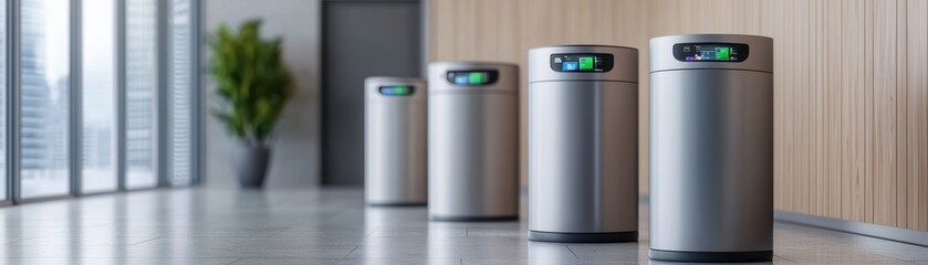 Modern waste bins line sleek hallway, showcasing blend of functionality and design. Their metallic finish and digital displays enhance contemporary office environment. 