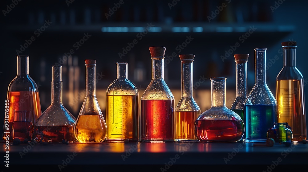 Poster a row of colorful glass bottles containing liquids on a dark lab bench.