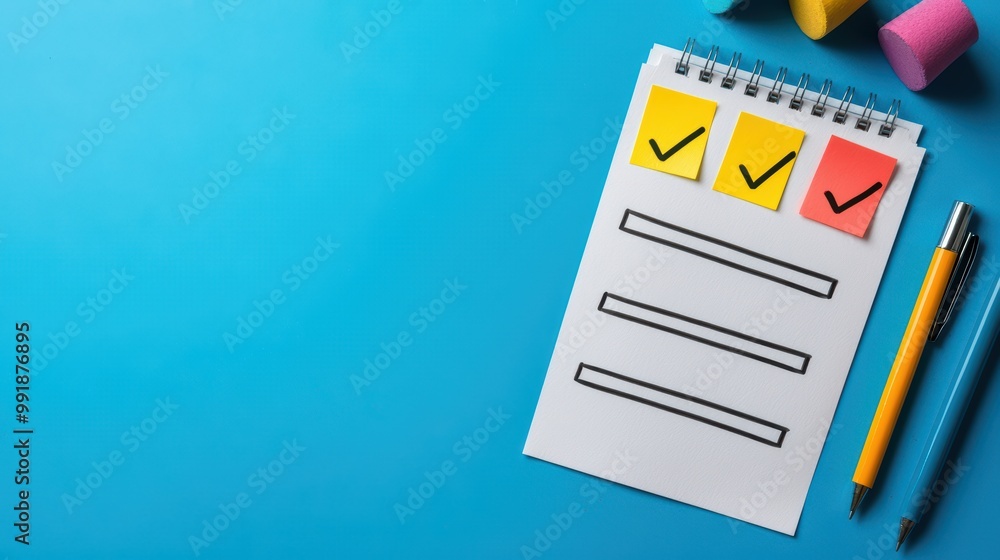 Poster notepad with checkmarks and empty lines on a vibrant blue background with colorful sticky notes.