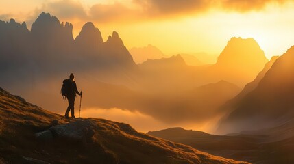 lone hiker with backpack silhouetted against majestic mountain range at sunrise misty valleys and towering peaks painted in warm golden light